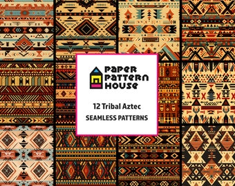 May include: Twelve seamless patterns featuring tribal Aztec designs in a variety of colours, including red, orange, yellow, blue, and black. The patterns are arranged in a grid format and are labelled "12 Tribal Aztec Seamless Patterns".