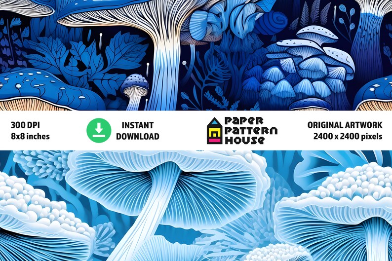 Blue Psychedelic Mushrooms Digital Paper Set, Seamless Texture ...