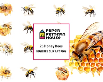 Watercolor Bee Clipart Bundle, Honeycomb PNG, Commercial Use (Digital Download)