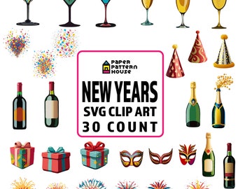 New Years Clipart Bundle, 30 SVG Clip Art's, Holiday Vector Art, Commercial Use