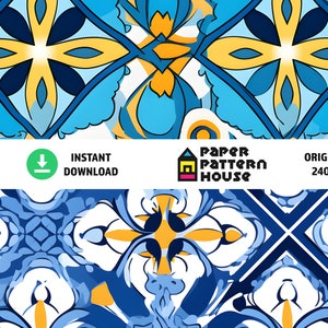 Op de afbeelding: Een naadloos patroon met een geometrisch ontwerp in blauw, wit en geel. Het patroon doet denken aan traditionele Portugese tegels.