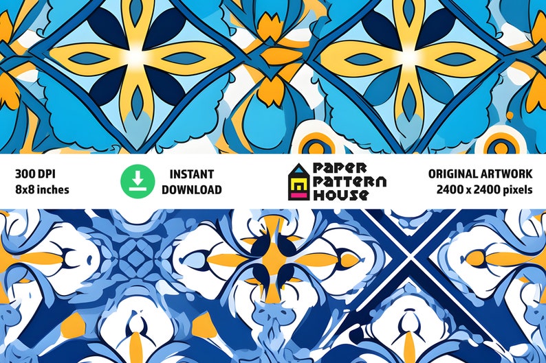 Op de afbeelding: Een naadloos patroon met een geometrisch ontwerp in blauw, wit en geel. Het patroon doet denken aan traditionele Portugese tegels.