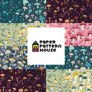 Könnte beinhalten: Eine digitale Collage aus neun verschiedenen Pilzmustern. Jedes Muster zeigt eine Vielzahl von bunten Pilzen in verschiedenen Formen und Größen. Die Muster sind in einem Raster angeordnet, mit einem weißen Quadrat in der Mitte, auf dem "Paper Pattern House" steht.
