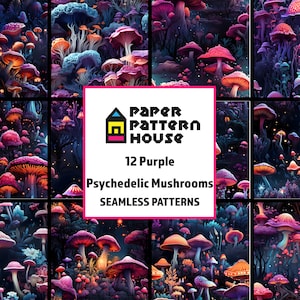 Psychedelic Mushroom Digital Paper Set 4, Purple Mushroom Texture, Psychedelic Shroom,Boho Mushroom Spore, Mushroom Wallpaper,Commercial Use