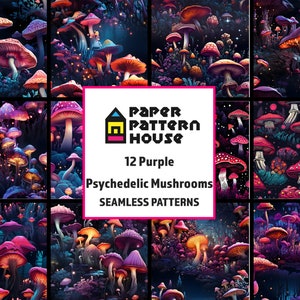 May include: A digital collage of 12 seamless patterns featuring psychedelic purple mushrooms in a dark forest setting. The patterns are perfect for creating unique and whimsical designs for fabric, wallpaper, and other creative projects.