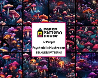Purple Psychedelic Mushroom Pattern Set, Boho Wallpaper (Digital Download)