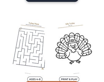 Thanksgiving Activity Pack for Kids, 10 Printable Activity Pages, Maze Word Search Coloring Games, Fall Harvest Fun, Instant Download