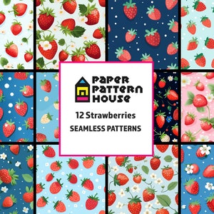 Cute Strawberry Digital Paper Set, Seamless Strawberry Textures, Fruit Patterns, Strawberries, Phone Case Art, Commercial Use