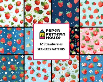 Cute Strawberry Digital Paper Set, Seamless Strawberry Textures, Fruit Patterns, Strawberries, Phone Case Art, Commercial Use