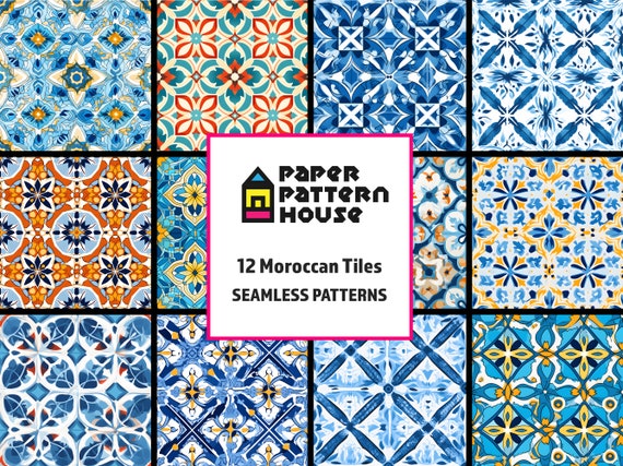 Moroccan Tile Digital Paper Set, Seamless Mosaic Textures (Digital Download)