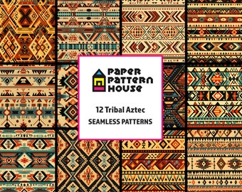 May include: Twelve seamless patterns featuring tribal Aztec designs in a variety of colours, including red, orange, yellow, blue, green, and black. The patterns are arranged in a grid format and are labelled "12 Tribal Aztec Seamless Patterns".