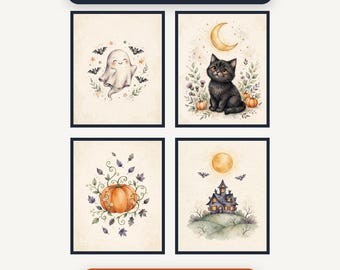 Halloween Wall Art | Set of 8 Watercolor Spooky Prints | Vintage Dark Academia Decor | Printable Ghost Posters | Instant Download