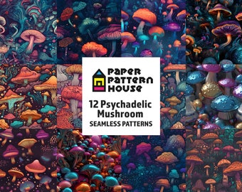 Psychedelische paddestoel digitaal papier, naadloze patroontextuur (commercieel gebruik)