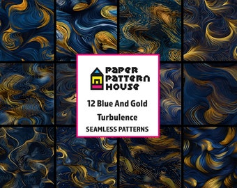 Blue and Gold Turbulence Pattern Set, Seamless Textures (Digital Download)