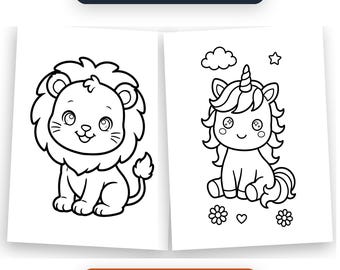 Animal Coloring Pages for Kids, Bold and Easy Printable Coloring Book, 25 Cute Animal Coloring Sheets, Instant Download PDF
