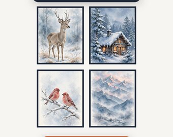 Winter Wall Art Set, 10 Printable Winter Prints, Snowy Forest and Cabin Wall Decor, Watercolor Winter Landscape Art, Instant Download
