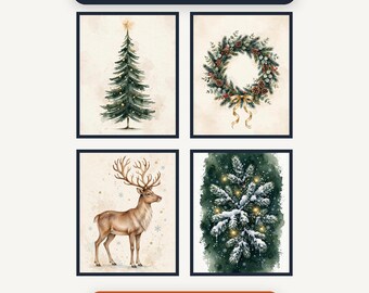 Christmas Gallery Wall Set | Set of 8 Watercolor Christmas Prints | Holiday Wall Art | Printable Winter Decor | Instant Download