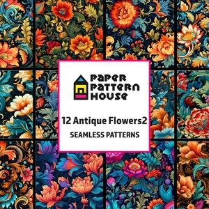 Antique Flower Digital Paper Set, Floral Wallpaper, Seamless Floral Background, Commercial Use
