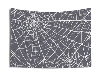Indoor Wall Tapestries spider web pattern, pretty, silver, spooky, Halloween themed, thin outline, Halloween, October, black background