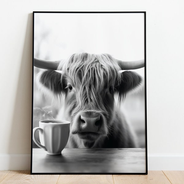 Highland Cow Drinking Coffee Digital Print, Digital Download, Black and white, Cow Poster, black and white Print, Highland Cow, Digital Art