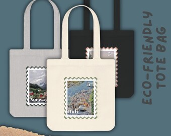 Travel Post Stamp Tote Bag | Customizable eco-friendly bag | 3 colors with 18 designs