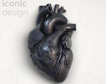 Dark Graphite Anatomical Heart Wall Art, Mystery and Depth Sculpture, 3D Anatomical Art, Dramatic Wall Decor, Dark Heart