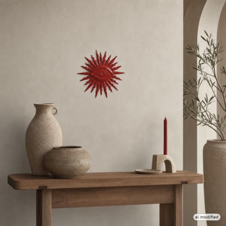 May include: A red wall-mounted sunburst ornament featuring a central eye design. The piece is displayed above a wooden table holding two textured beige vases, a small stone candle holder, and a single red taper candle in a neutral room.