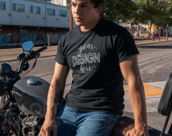 Gildan 5000 Men's Black T-shirt Mockup, Mens Shirt, Tattoo Model, Motorcycle Men's Mockup G5000, Real model, G5000 male model mockup