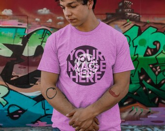 Gildan 5000 Men's Heather Radiant Orchid T-shirt Mockup, Mens Shirt Mockup, Mockup for Men, Tattoo Model Mockup, Navy Men's Mockup G5000