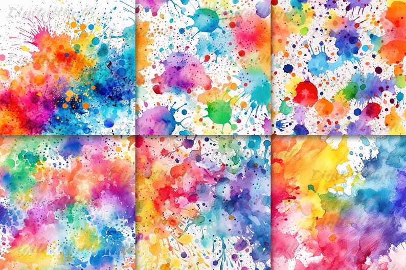 Rainbow Watercolor Splatter Digital Papers For Scrapbooking, Card Making, DIY Crafts, and Other Creative Projects - DigitalMyth