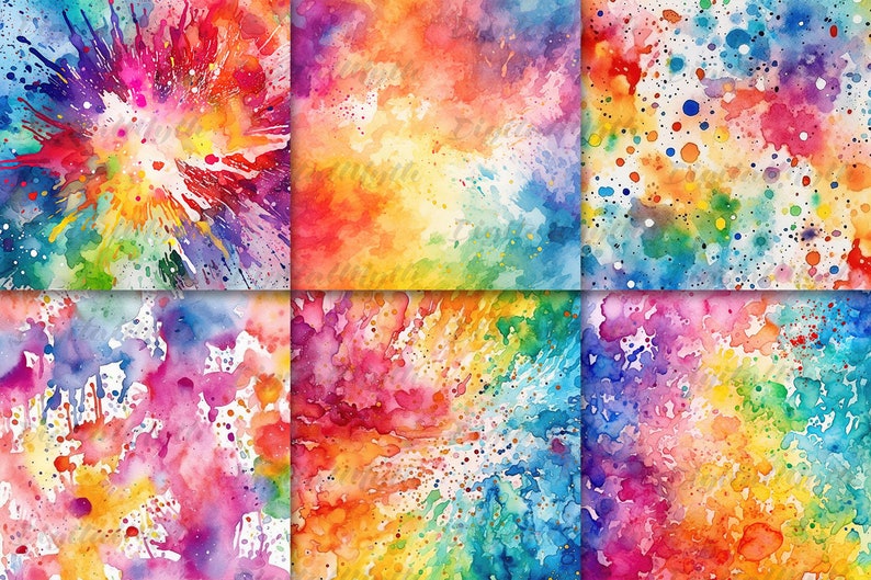 Rainbow Watercolor Splatter Digital Papers For Scrapbooking, Card Making, DIY Crafts, and Other Creative Projects - DigitalMyth