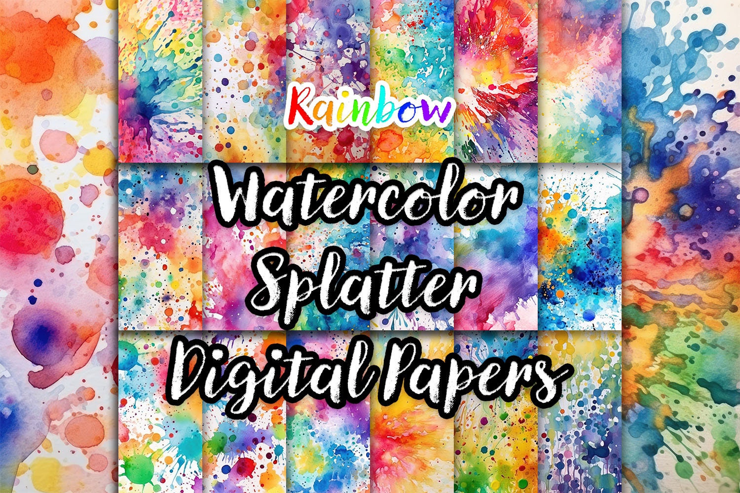 Rainbow Watercolor Splatter Digital Papers JPG, Textures, Colorful