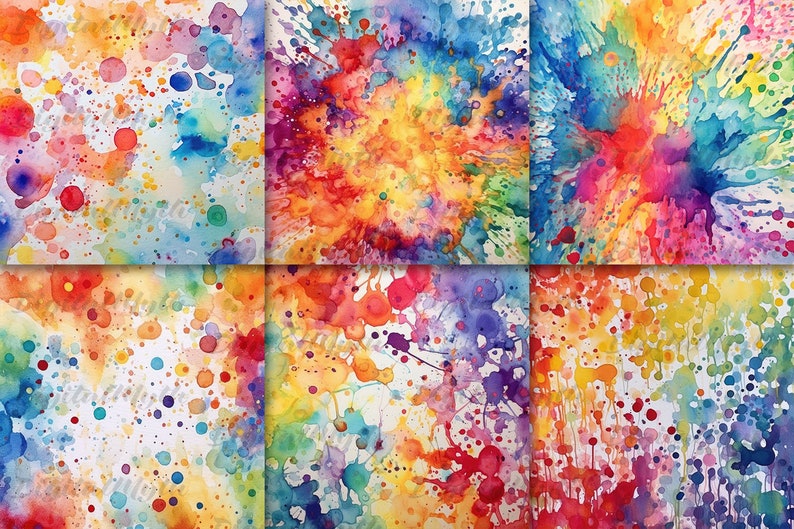 Rainbow Watercolor Splatter Digital Papers For Scrapbooking, Card Making, DIY Crafts, and Other Creative Projects - DigitalMyth