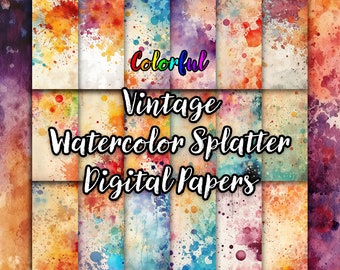 Carte digitali colorate vintage acquerello Splatter / JPG, vecchie texture, sfondi arcobaleno, Scrapbooking, creazione di carte, uso commerciale