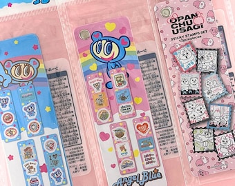 Opanchu Usagi & ANGEL BLUE Slide Sticker Set | Y2K Japanese Character Stickers | 12 Mini Sticker Sheets in Portable Case