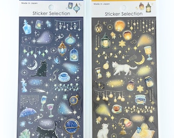 Black Cat & White Cat Fantasy Night Stickers | Moonlit Cat Sticker Sheets | Dreamy Blue and Warm Golden Deco
