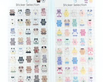 Mini Plush Animal Sticker Sheets | Pastel & Dusty Tone Kawaii Toy Collection Stickers | Cute Bag Charm Style Deco Stickers