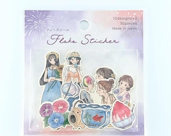 Japanese Summer Girl Sticker Pack | Shoujo Manga Style Yukata & Fireworks Stickers | Nostalgic Countryside Summer Deco