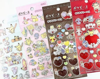 Hoja de pegatinas 3D de Pokémon | Pokémon deportivos y animadoras en tonos pastel | Pegatinas brillantes con purpurina | Decoración Kawaii de Pokémon