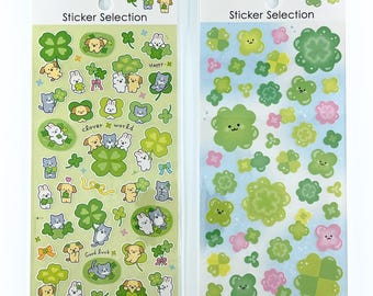 Heisei Clover Sticker Sheets | Kawaii Animal & Pink Green Clover Stickers | Juminocore | Retro Japanese Deco Phone Journal Stickers
