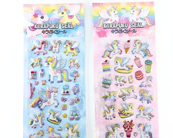 Hoja de pegatinas 3D de unicornio y pegaso | Lindas pegatinas de alicornio | Pegatinas de caballos de fantasía | Cosméticos azules y dulces rosas | Kawaii 3D