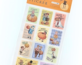 Pegatinas vintage de Halloween | Hoja de pegatinas nostálgicas para niños y calabazas | Pegatinas textiles | Estilo pastel americano
