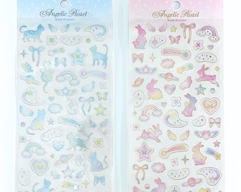 Pastel Angel Cat & Bunny Sticker Sheets | Pastel Blue and Pink Kawaii Heaven Deco Stickers | Cute Journal Phone Decals