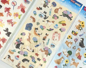 Shiba Inu Dog / Cat / Goldfish Sticker Sheet – Animals Living the Japanese Summer / Seasonal Stickers / Journaling Supplies / Gift