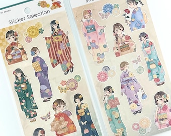 Furisode Girl Sticker Sheets | Shoujo Manga Style Kimono Stickers | Spring & Autumn Japanese Fashion Deco Stickers