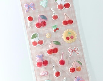 3D Cherry PVC Sticker Sheet | Pastel Realistic Cherry Deco Stickers | Cute Glossy Fruit Phone Journal Stickers