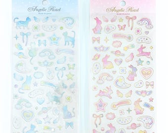 Pastel Angel Cat & Bunny Sticker Sheets | Pastel Blue and Pink Kawaii Heaven Deco Stickers | Cute Journal Phone Decals