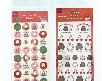 Cereza × Oso | Hoja de pegatinas Retro Pop Doodle | Lindas pegatinas de osos cereza rojos y blancos | Papel y PET transparente