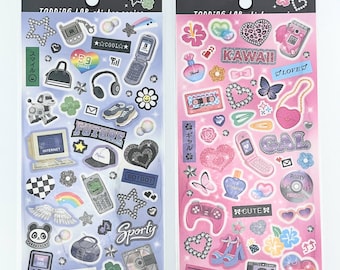 Y2K Sticker Sheet Pink & Grey, Heisei Retro, 2000s, deco, Juminocore, Journal Supplies, Scrapbooking, Gift