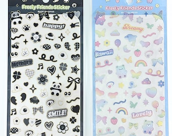 Pastel & Monochrome PVC Sticker Sheets | Kawaii Bear Butterfly Dolphin Stickers and Retro Black Deco Stickers